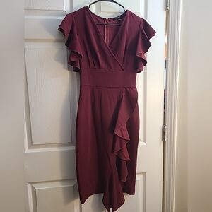 Knitee Burgundy V Neck Ruffle Sleeve Cocktail Dress Small